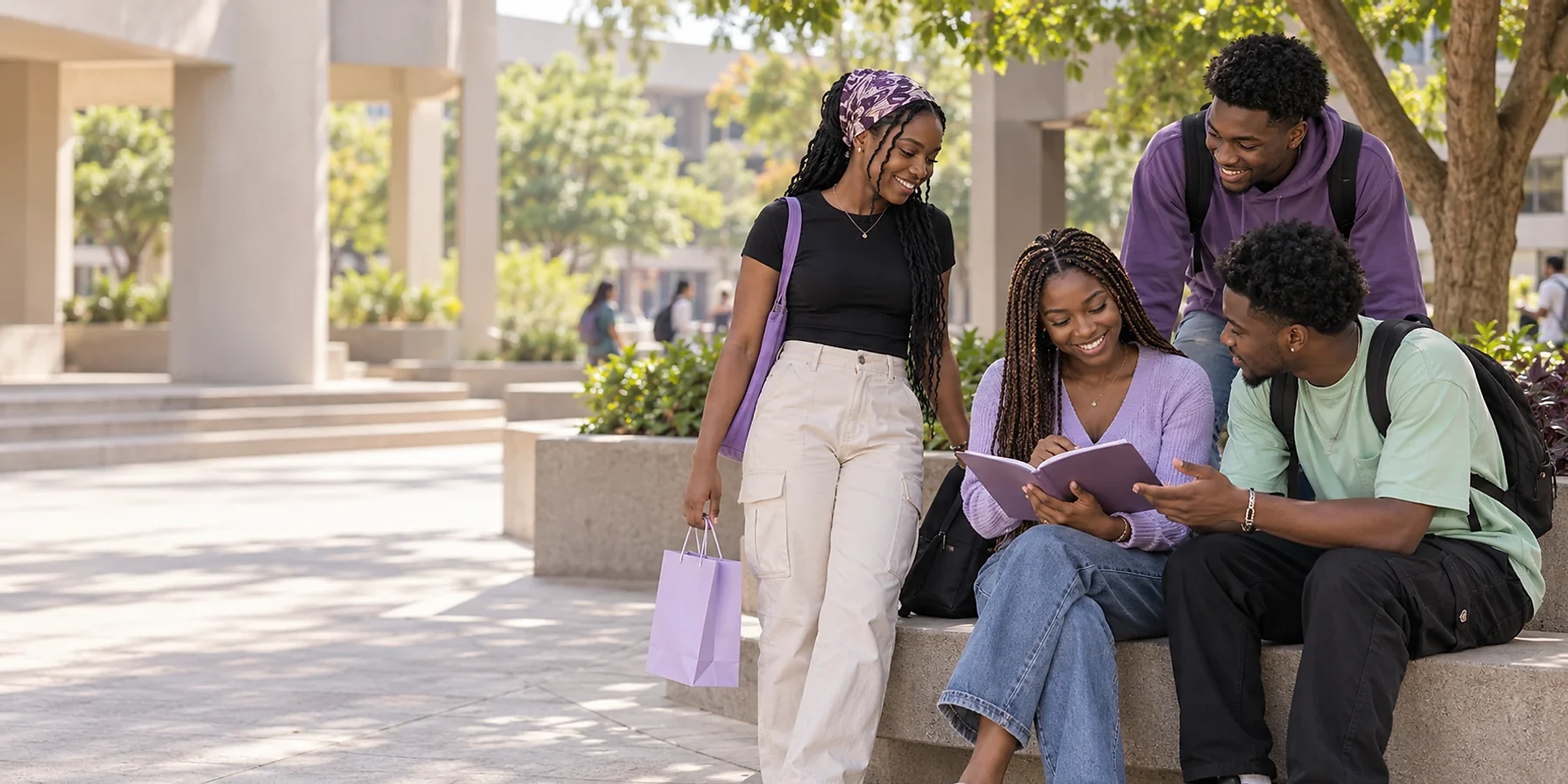 Adult students sharing a relaxed moment in a campus courtyard