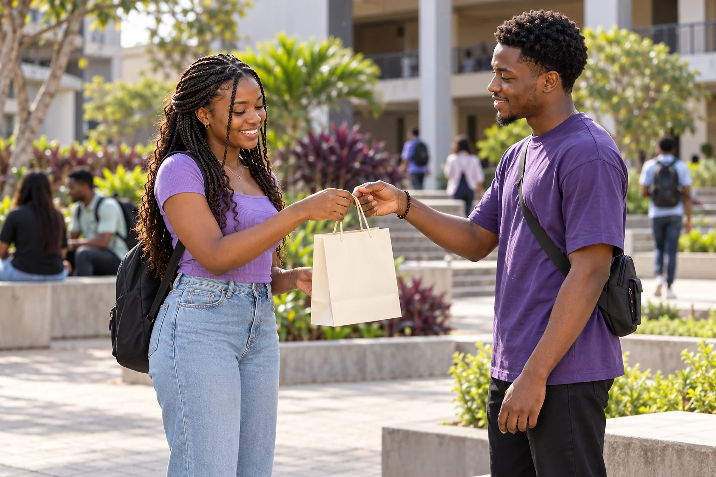 Two students exchanging a shopping bag in an open campus courtyard