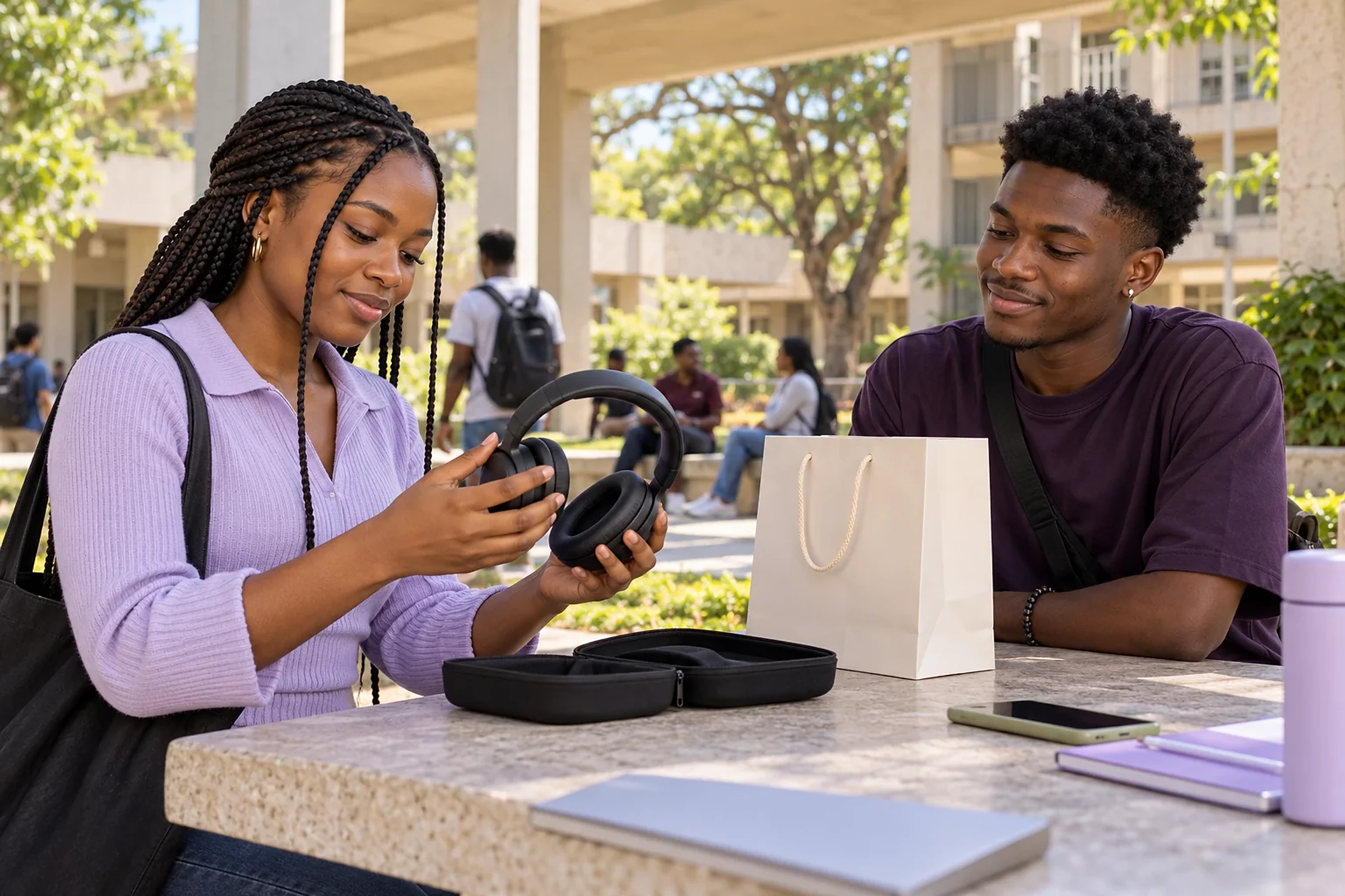 Adult students inspecting headphones at an open campus pickup table