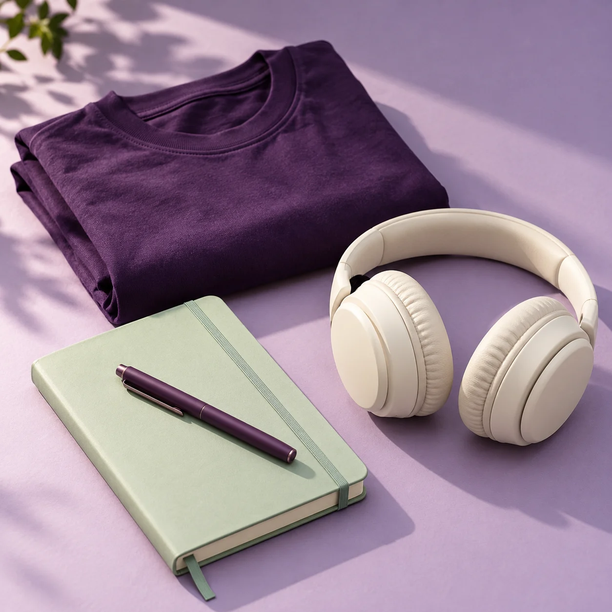 A folded violet shirt, ivory headphones and a mint notebook with a plum pen on a lavender surface